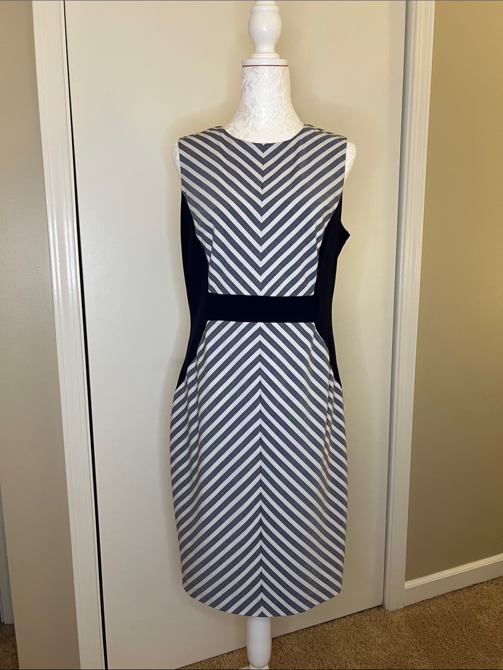 Calvin Klein Navy and White Chevron Midi Sheath Dress